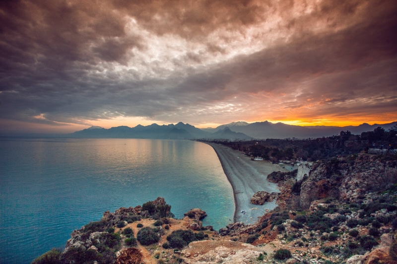 outdoors, sky, mountain, sunrise - Dawn, travel, summer, vacations, idyllic, blue, bay Of Water, scenics, beside, no people, non-urban scene, panoramic