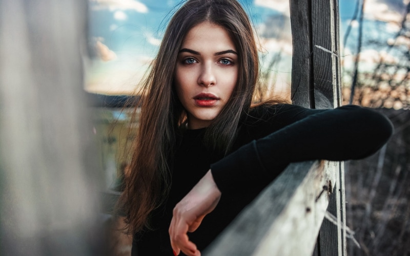 contemplation, leisure activity, long hair, day, portrait, pretty girl images 1920x1200, beauty, leather, women, 1080P, lipstick, hair, looking at camera