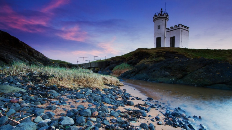 scenics - nature, sea, solid, rock, long exposure, lighthouse, Scotland, building, pebbles, gray, pebble, bridge, UK, 1080P, nature, land, landscape, building exterior