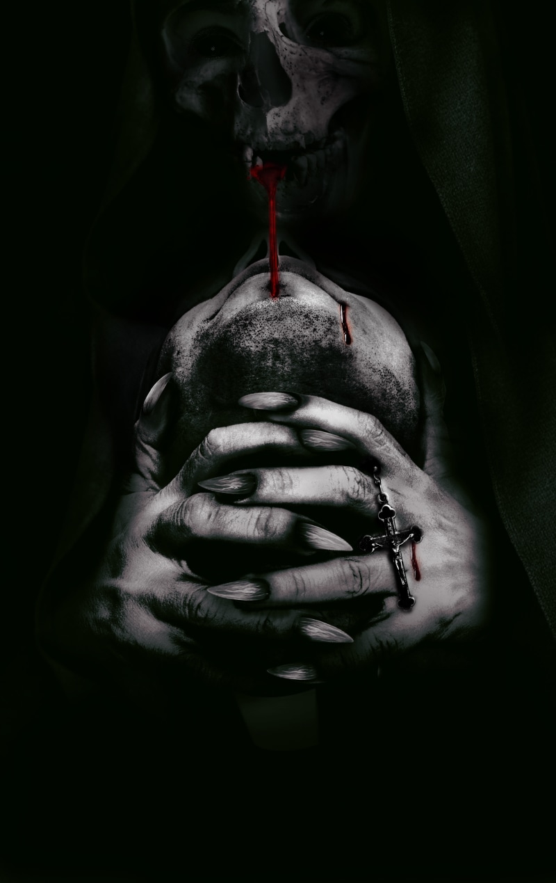 indoors, one person, terror, close-up, 8K, halloween, front view, death, sin, fear, hand, adult, studio shot, finger, darkness, black background, body part