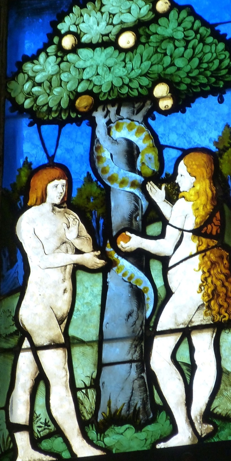 multi colored, 1080P, illustration, man, woman, blue, mural, sculpture, ornate, snake, female likeness, original sin, art and craft, church window, craft