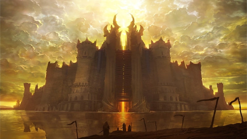 artwork, belief, castle, travel destinations, fantasy city, sunlight, sunbeam, decor, lens flare, architecture, Noah Bradley, cloud - sky, spirituality