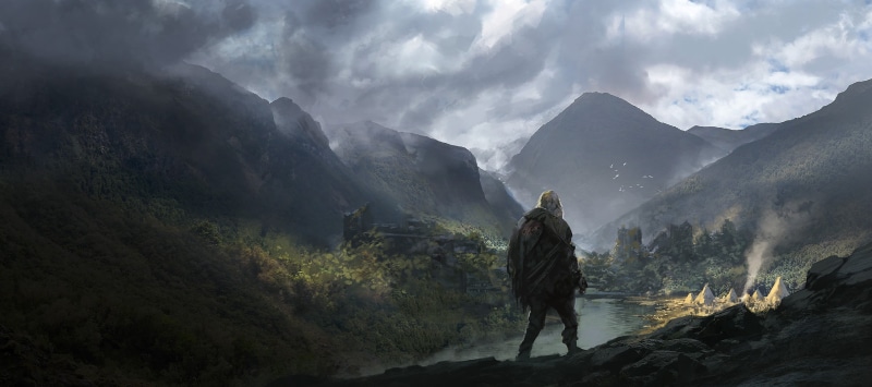 cloud - sky, landscape, leisure activity, fanart, body, fantasy art, fog, scenics - nature, Noah Bradley, standing, water, one person, travel, hiking, adventure