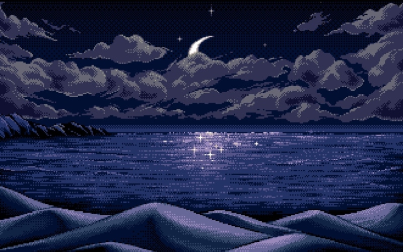 beauty in nature, sea, digital art pixel art pixels moon horizon blue reflection nature sea clouds hills mountains night stars landscape, night, water