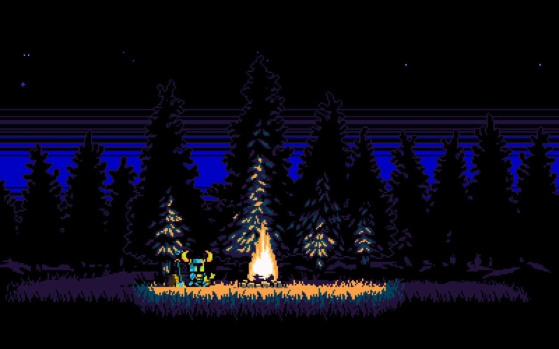 field, forest, vintage, pixel art, pixels, stars, trees, pixelated, retro games, video games, digital art, night, 1080P, knight, fire, Shovel Knight, nature