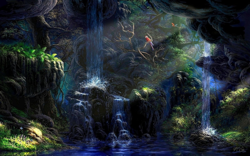 waterfront, backgrounds, flowing, multi Colored, rocks, stream, art, stalactite, fantasy, green Color, rainforest, landscape, plant, blurred motion, waterfall