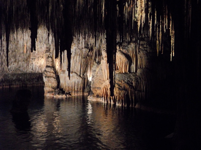 underground, tranquility, geology, rock - object, stalactite cave, nature, indoors, no people, stalagmites, lake, rock formation, 4K, eroded, illuminated