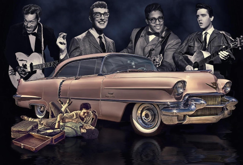 music, Cadillac, Buddy Holly, 720P, guitar, Elvis Presley, rock and roll, car