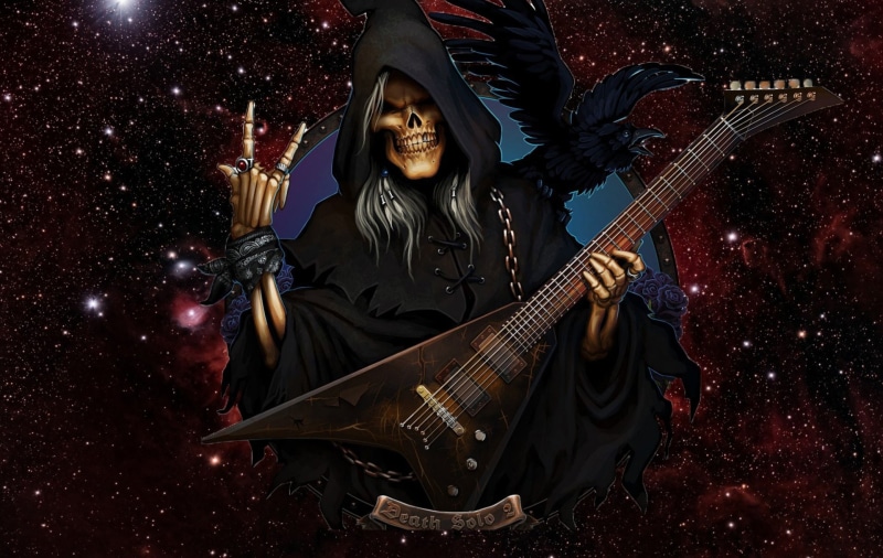 Guitar, 1080P, Dark, Night, Rock and Roll, Fantasy, Grim Reaper, Raven
