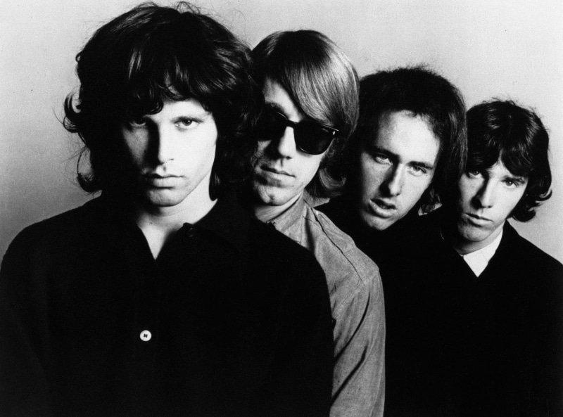 music, monochrome, headshot, portrait, women, men, 720P, coworker, young adult, The Doors, teenage boys, indoors, Jim Morrison, small group of people