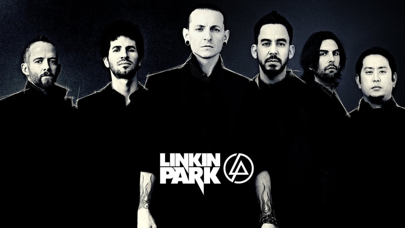 Linkin Park, text, link, Band (Music), studio shot, males, black background, emotion, adult, men, indoors, young adult, fear, communication, group of people