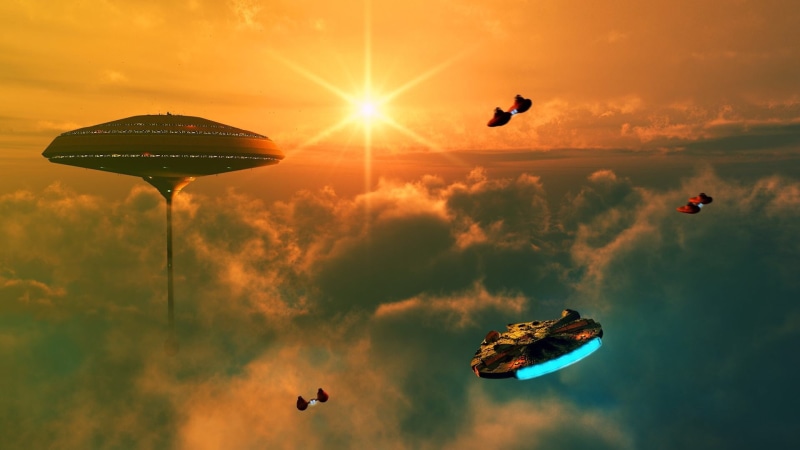 outdoors, animals in the wild, vertebrate, scenics - nature, silhouette, sunset, lens flare, animal wildlife, flying, sunlight, Millennium Falcon, Star Wars