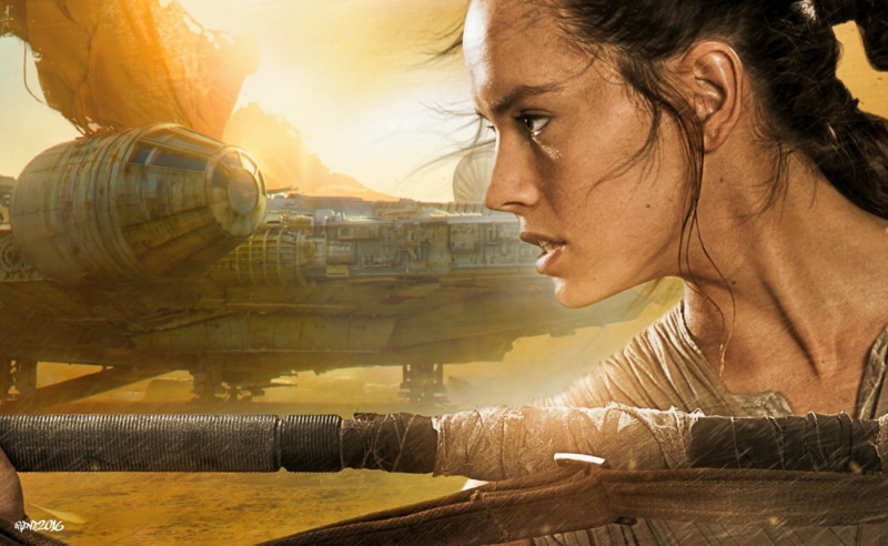 Rey, mid adult, sunlight, poster, one person, contemplation, profile view, Millennium Falcon, 720P, Daisy Ridley, adult, movie, mid adult women, looking