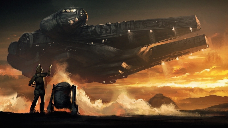 science fiction, C-3PO, Millennium Falcon, 1080P, artwork, painting, clouds, sunset, fantasy art, R2-D2, Darek Zabrocki, Star Wars