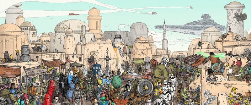Star Wars, 2K, stormtrooper, landspeeder, R2-D2, Terminator, Boba Fett, TARDIS, Chewbacca, Darth Vader, science fiction, Lando Calrissian, Spock, artwork