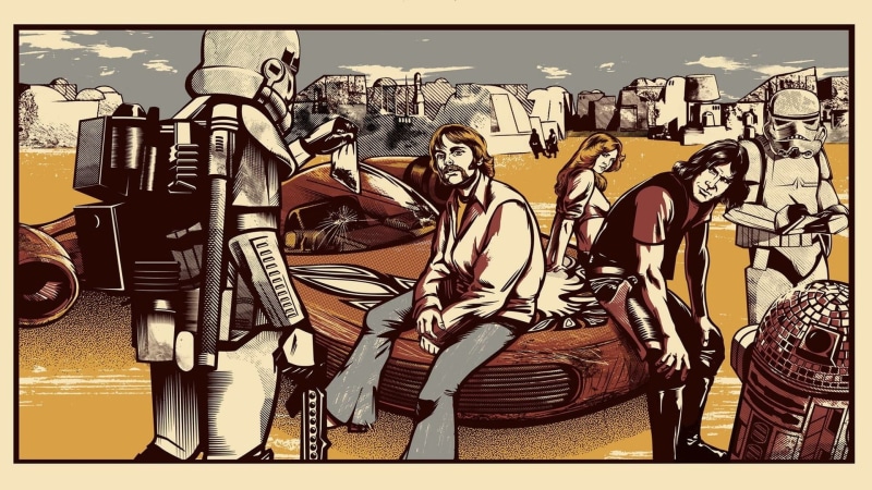 architecture, frame, creativity, weapon, art and craft, mural, no people, day, female likeness, wars, adult, Han Solo, star, women, human representation