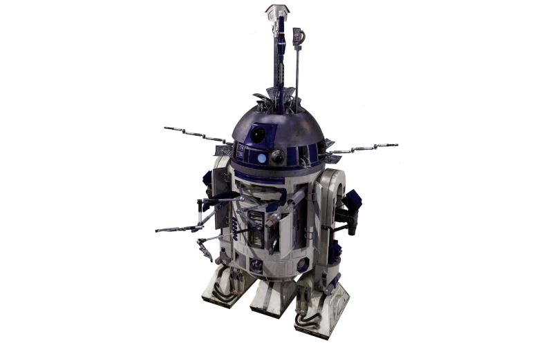 R2-D2, d, metal, no people, indoors, copy space, technology, gun, white background, single object, studio shot, weapon, cut out, security, 4K, helicopter