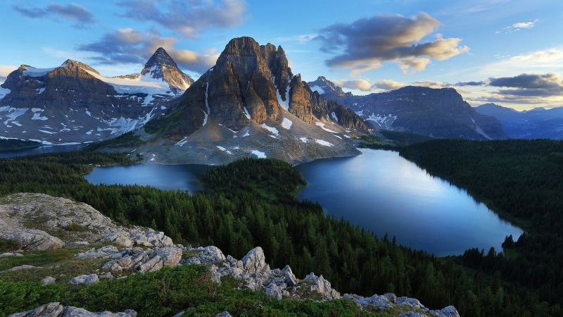 water, nature, glacier, peak, sky, trees, outdoor, lake, summer, alpine, rock, snow, vacation, mountains, rocky, scenic, clouds, natural elevation, hill