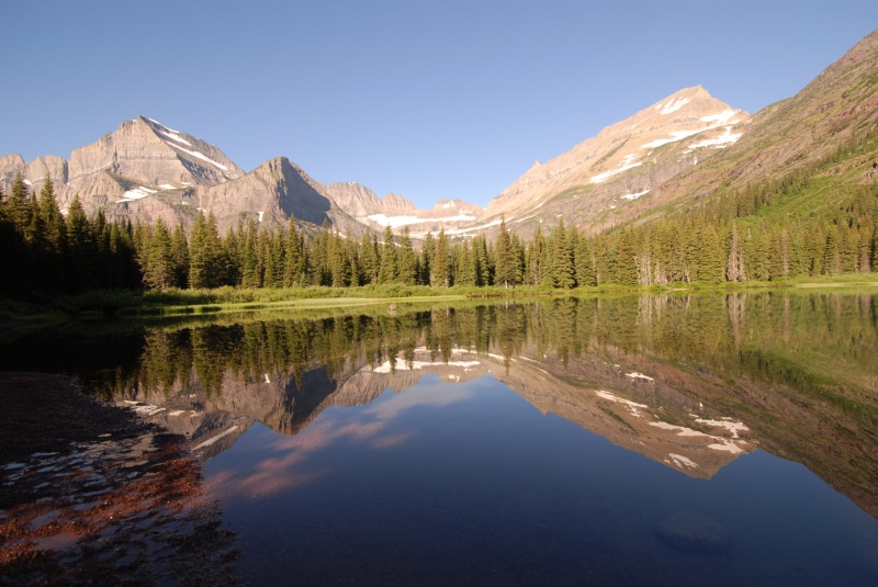 mountain, front, gray mountain, green, green forest, sky, gray, water, 4K, outdoors, reflection, Glacier National Park, tree, travel, national Landmark