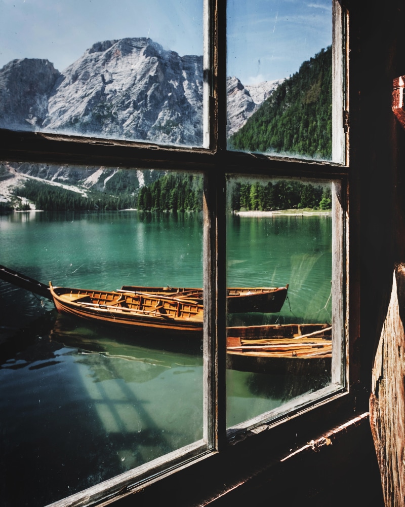 reflection, brown, nautical vessel, canoes, nature, water, snow, wooden, winter, lake, forest, window, tranquility, snowcapped mountain, cold temperature