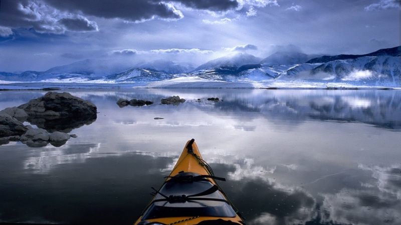hd, 1080P, landscape, clouds, mountains, snow, nature, reflection, lake, yellow, kayak