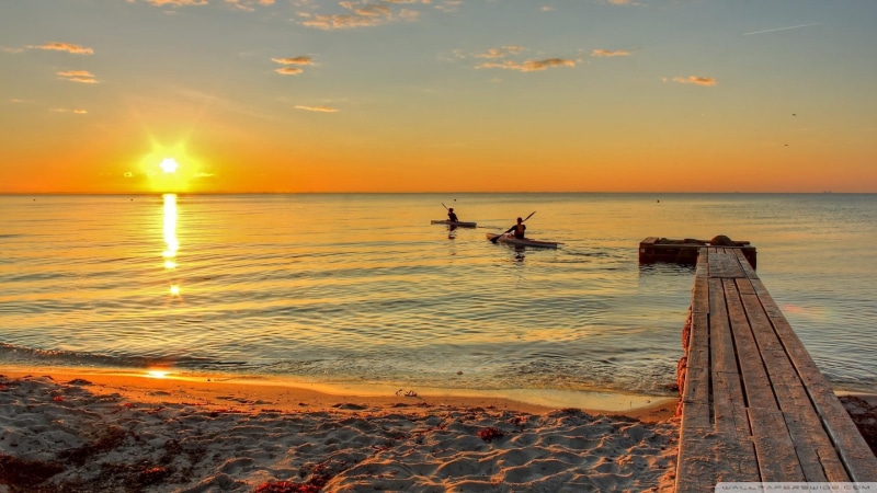 kayaking, beach, hour, 1080P, sun, golden, sea, dock, sunset, kayaks, boats