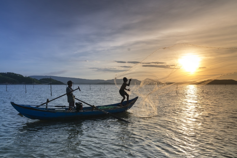 photo, sea, men, silhouette, beach, two, recreation, nautical vessel, fishing boat, non-urban scene, riding, beauty in nature, waterfront, scenics - nature