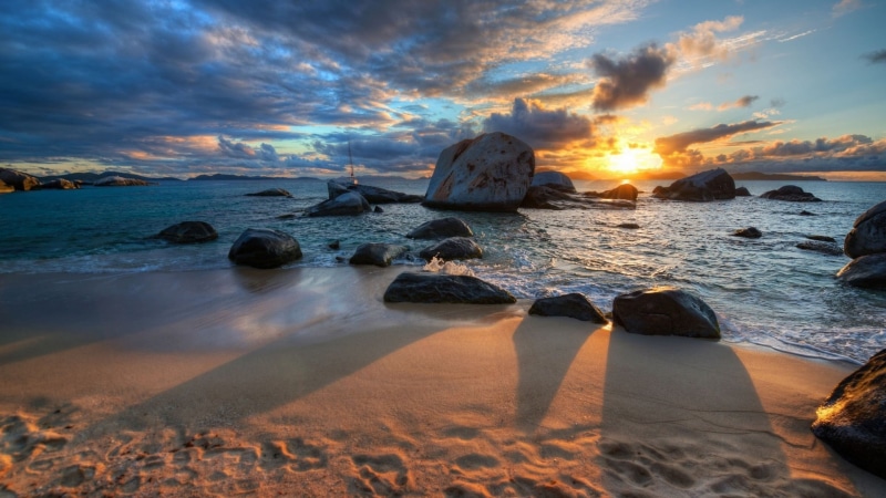 beach, land, sea, cloud - sky, sand, water, tranquility, near, tranquil scene, horizon over water, sunset, nature, scenics - nature, rock - object, no people
