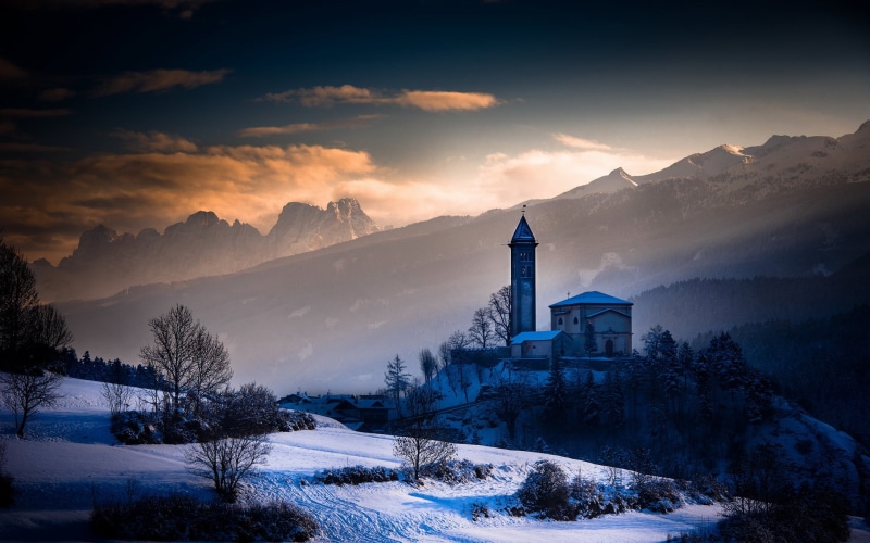 architecture, cloud - sky, winter, cold temperature, place of worship, nature, mountain, spirituality, Trentino Alto Adige, environment, belief, religion