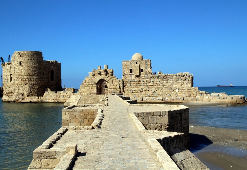 surrounded, ruin, water, ancient civilization, date, copy space, clear sky, old, day, history, Lebanon, building exterior, Saida, outdoors, retro, blue