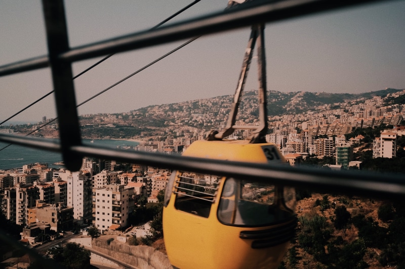nature, building, sky, xt10, teleferic, transportation, sea, cable car, day, harissa, teleferique, yellow, skyscraper, panorama, 4K, no people, built structure