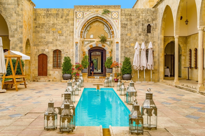 the past, vaults, nature, travel, courtyard, no people, architectural column, travel destinations, lamps, lebanon, pool, tourism, arch, architecture, swimming pool