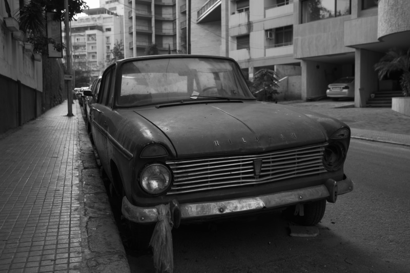 old, no people, city, mode of transportation, retro styled, vintage car, simple, and, motor vehicle, day, black and white, building exterior, beirut, timey