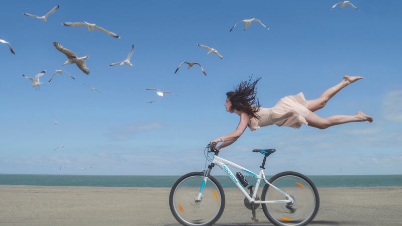 human arm, women, freedom, 1080P, real people, dress, hairstyle, hair, s, white, sea, birds, sleeveless, motion, young adult, animal wildlife, group of animals
