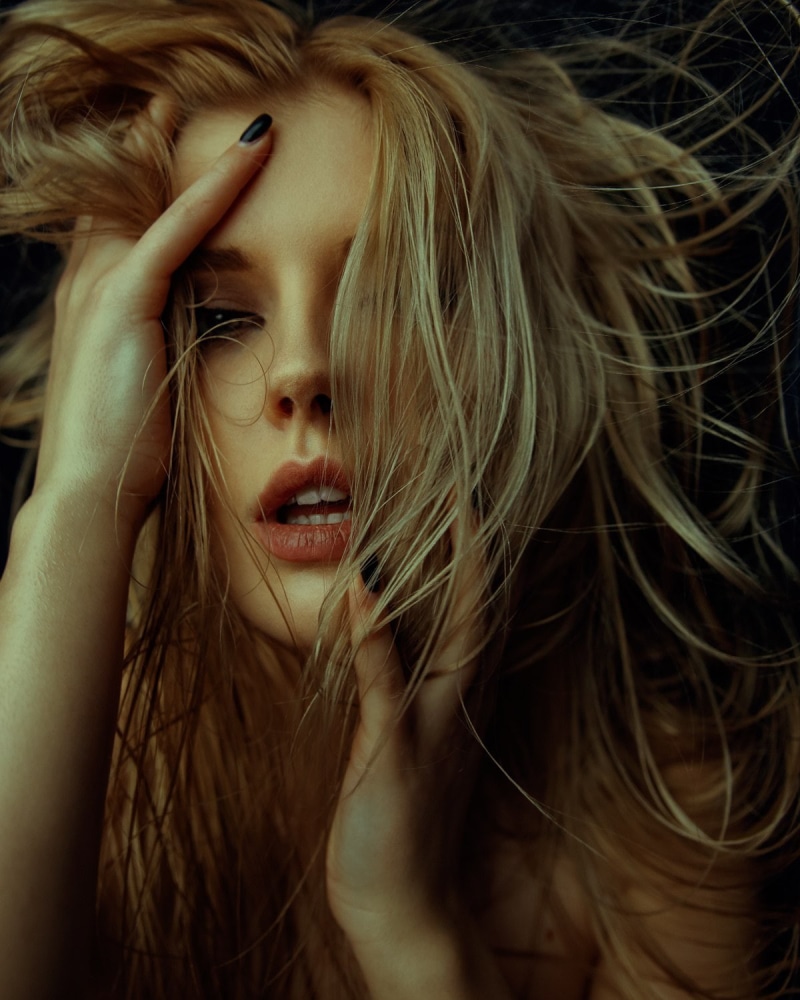 human hair, Aleksey Trifonov, adult, 720P, hair, wind, messy, women, blond hair, open mouth, face, beautiful woman, black nails, close-up, looking at camera