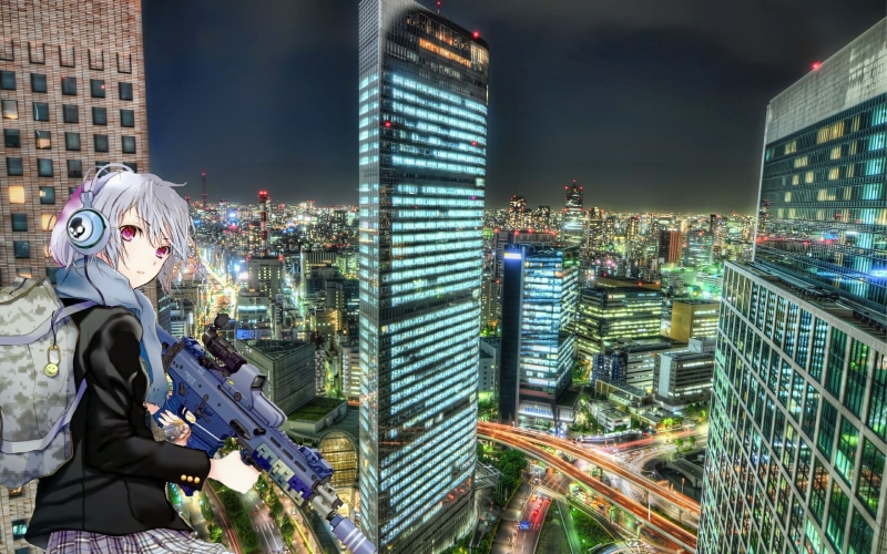 futuristic, city, haired, sniper, character, animated, cyberpunk, gray, 2K, anime girls, girls, anime, holding, female, buildings, lights, gun
