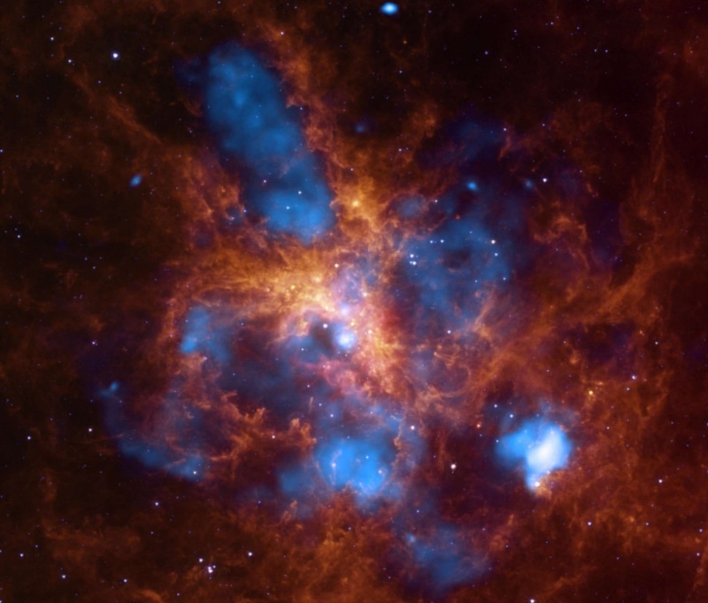 blue, glowing, luminosity, 30 doradus, chandra, constellation, x ray, nature, technology, tarantula nebula, l, spitzer space telescope, bright, 1080P