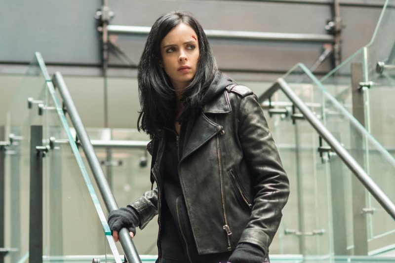 young women, jessica jones, tv shows, hair, railing, 4k, 4K, hd, architecture, looking at camera, leather jacket, portrait, clothing, leather, jacket