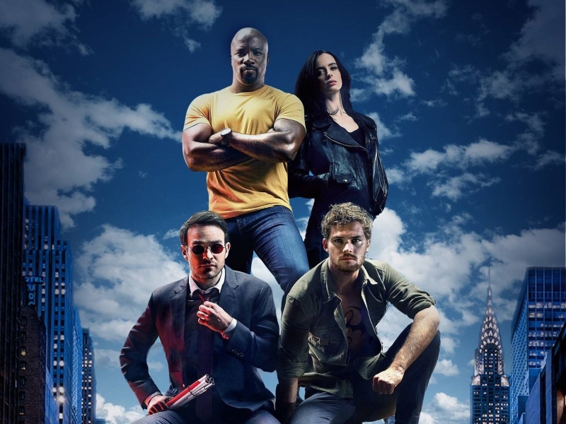 Charlie Cox, outdoors, front view, Krysten Ritter, togetherness, casual clothing, glasses, Iron Fist, adult, The Defenders, Jessica Jones, friendship, fashion