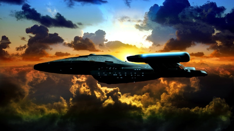 air vehicle, mode of transportation, Star Trek, Sci Fi, mid-air, orange color, sunset, public transportation, flying, transportation, nature, Space, Voyager
