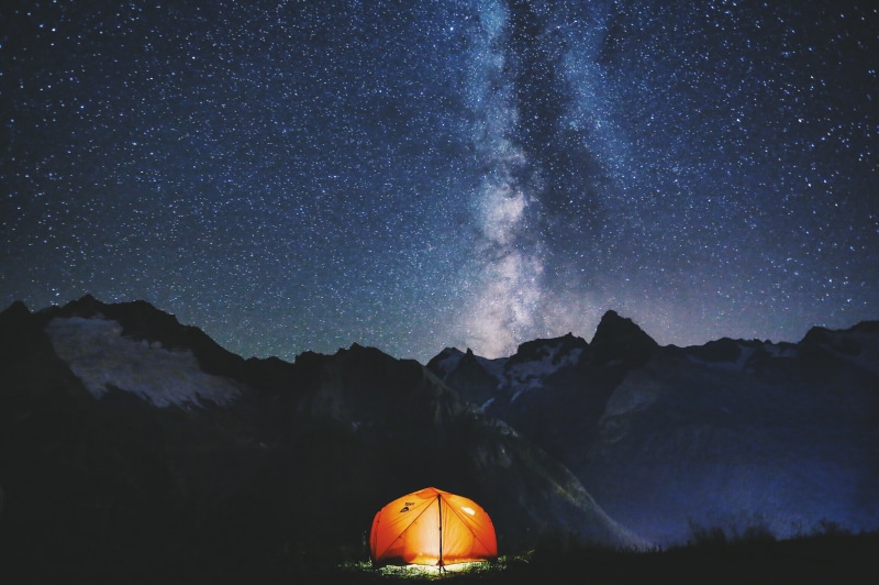 night sky, stars, tent, 4K