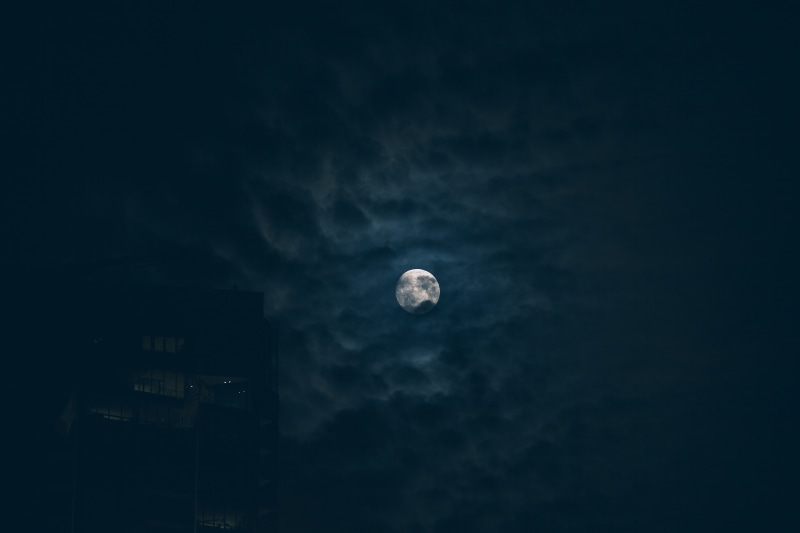 space exploration, no people, Gabriel Santiago, low angle view, black, single object, 5K, gray, Moon, clouds, dark, scenics - nature, sky, full moon, planetary moon