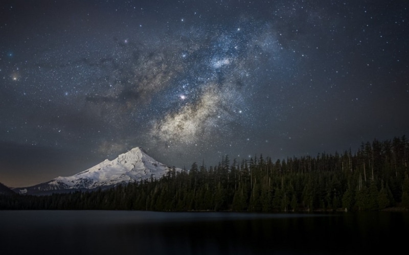 480P, nature landscape snowy peak forest lake starry night milky way mountains galaxy long exposure mount hood oregon