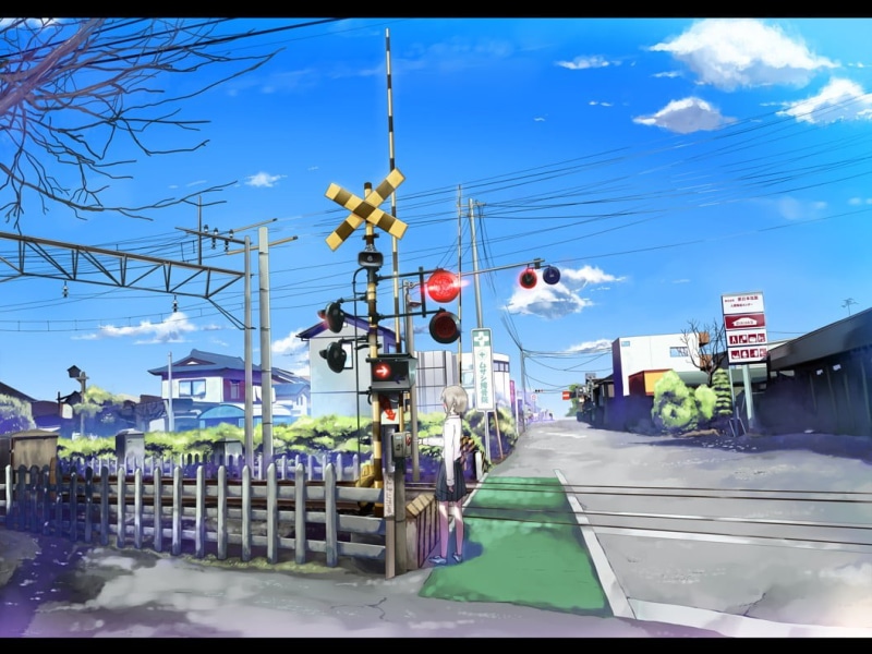 no people, anime girls, street, outdoors, anime, built structure, plant, railway crossing, 480P, sunlight, auto post production filter, day, tree, transfer print