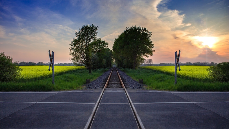 sunset, rural Scene, gleise, road sign, wanderlust, traffic sign, summer, bloom, blue sky, attention, blossom, transportation, diminishing perspective