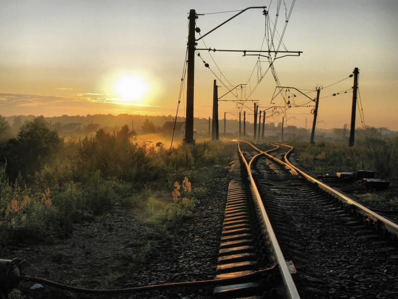 forest, street, power Line, sun, sunrise - Dawn, direction, sky, plant, no People, columns, outdoors, transportation, electricity, railroad Track, connection