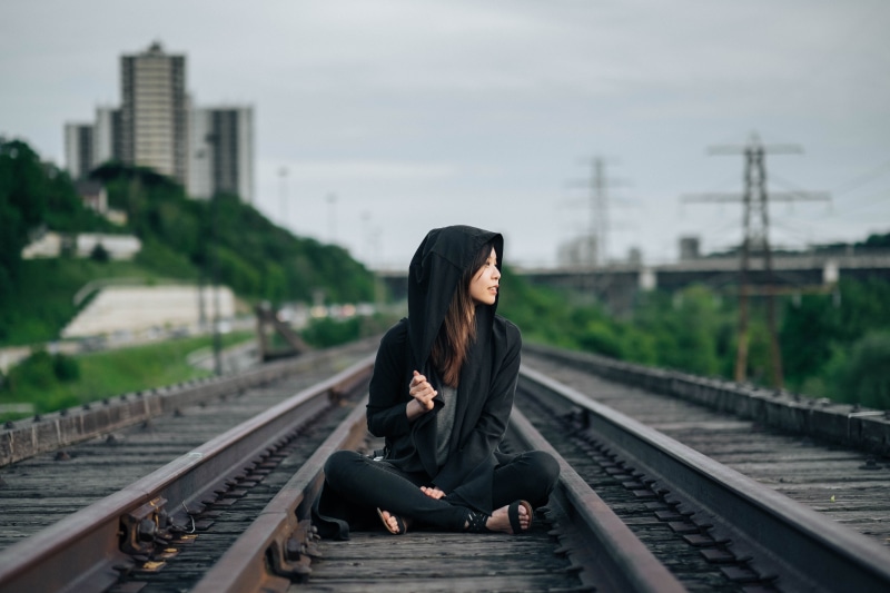 Revealed Design, Asian, 4K, feet, landscape, women, Heaven and Hell, railway crossing
