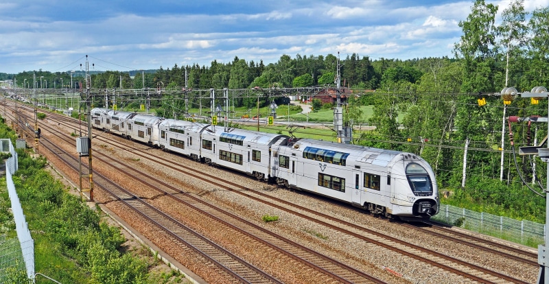 regional train, daytime, tree, upplands, high angle view, electrical multiple unit, arrival, no people, travel, land vehicle, railroad trasse, sj, alstom