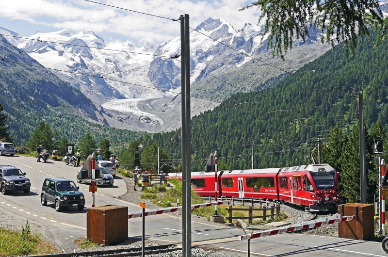 narrow gauge, tourism, railroad Track, landscape, mountains, tree line, rhätikon, rhb, electrical multiple unit, park strip, morteratsch glacier, scenics - nature