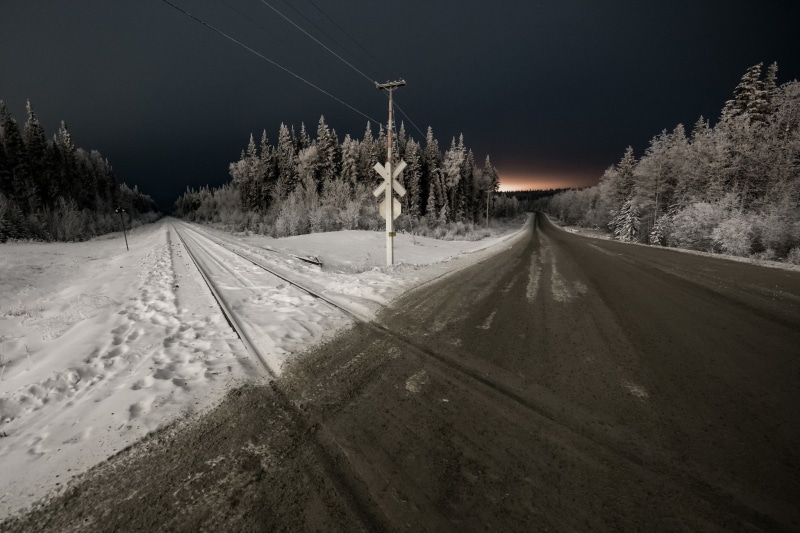 railway crossing, snow, trees, road, night, 1080P, landscape